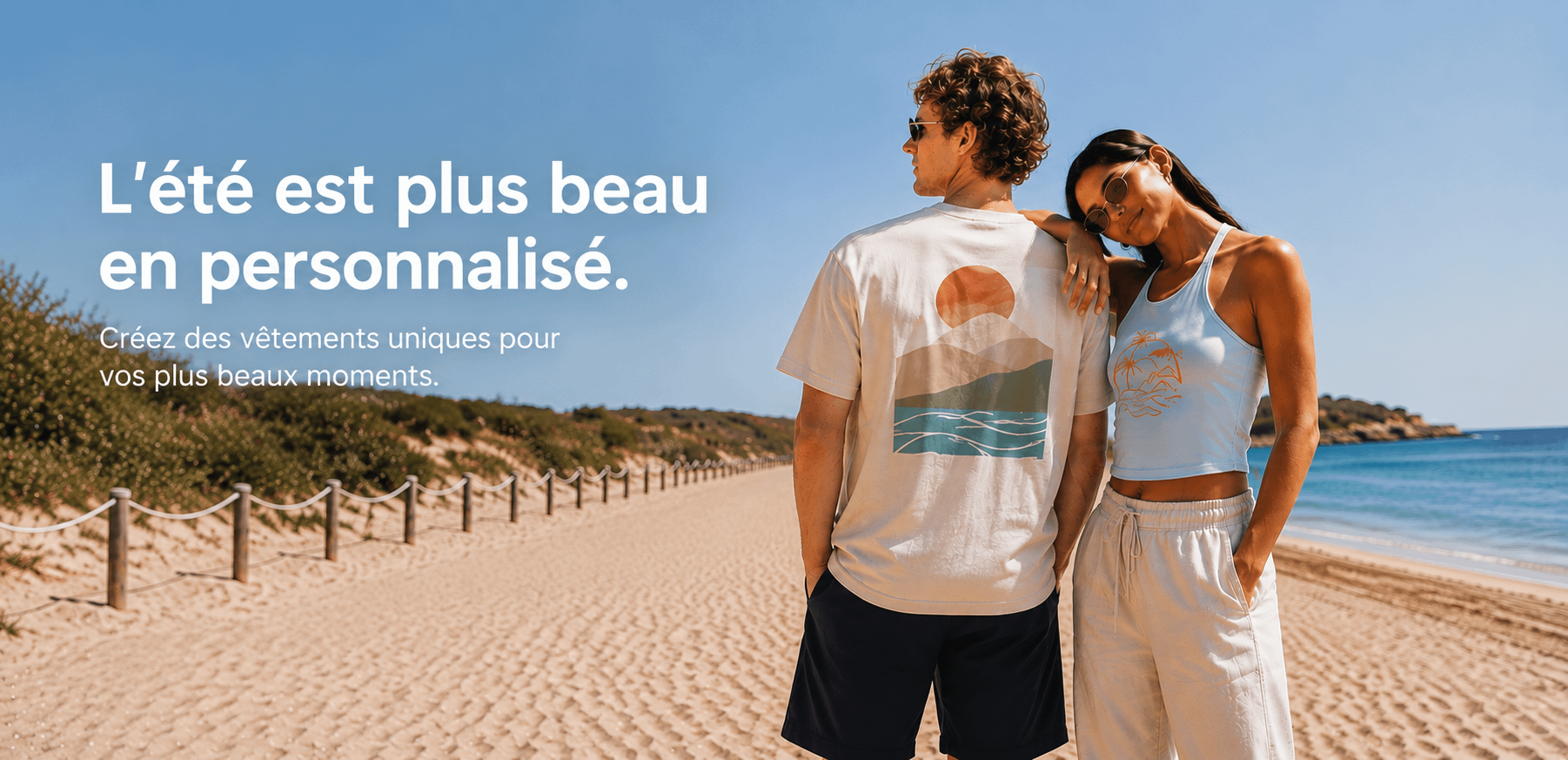 bannière Tunetoo nouveaux tee-shirts personnalisés mars 2024; illustrant des models à la plage portant des t-shirt persoonalisables pas cher