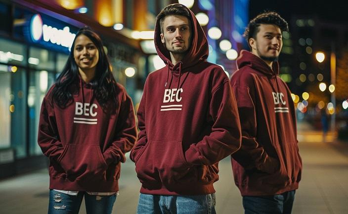 Jeunes hommes et femme portant un sweatshirt avec logo, dans une rue éclairée