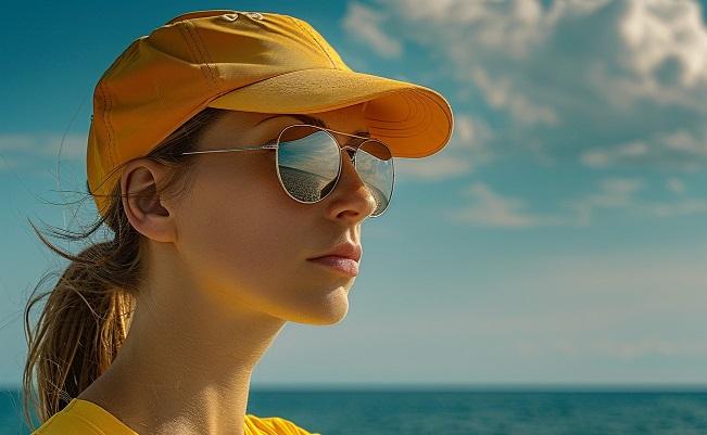 top modele féminin à la plage portant un casquette jaune