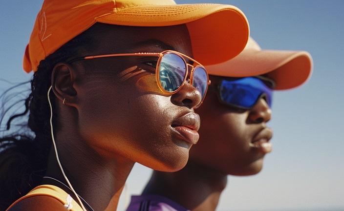 casquettes et lunettes anti-uv porté par deux mannequins