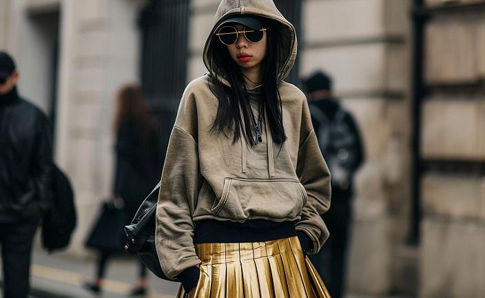 femme portant un sweat dans la rue