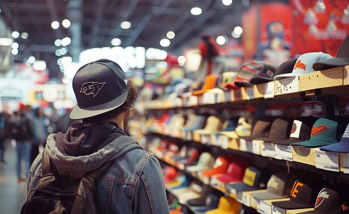 différentes casquettes posées sur un étalage