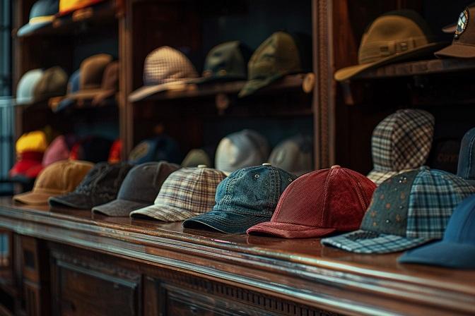 étalages de nombreuses casquettes de différentes compositions