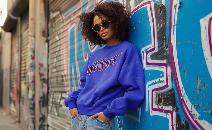 influence typique des résaux-sociaux portant un sweatshirt personnalisé