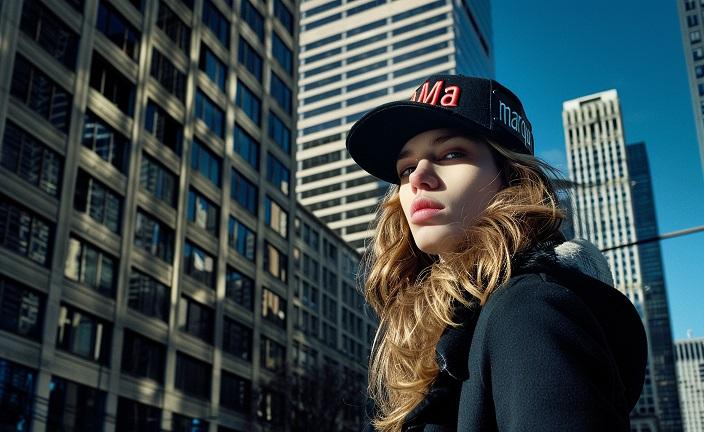 publicité avec un top model portant une casquette dans un envirronement urabin