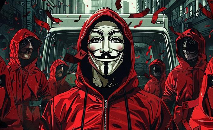 illustration de série télévisée 'la casa de papel' et du film 'V pour vendetta' avec des personnages portant un sweat rouge