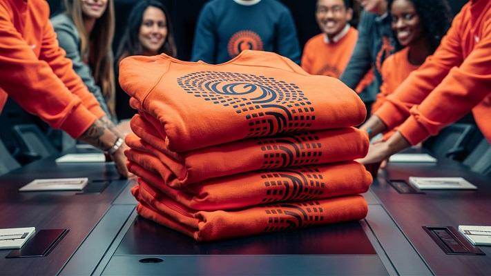 sweatshirts oranges pliés sur un table, servant d'uniforme branchés pour des employés