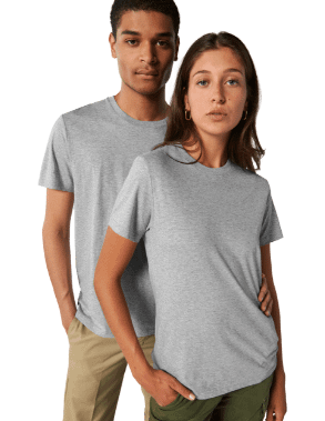 mannequins homme et femme portant des t-shirt manche courte gris chiné