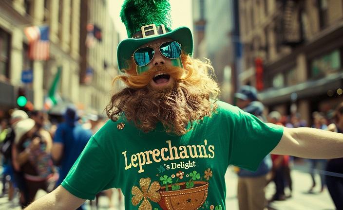 Irlandais dans la rue au milieu de la foule, heureux de fêter la Saint-Patrick, vêtu d'un t-shirt ad hoc