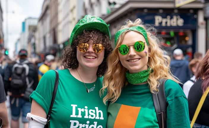 Deux Irlandaise heureuses de fêter la Saint-Patrick, vêtu d'un t-shirt personnalisé pour l'occasion