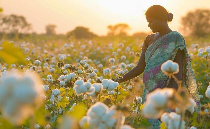Agricultrice Indienne dans son champ de coton biologique