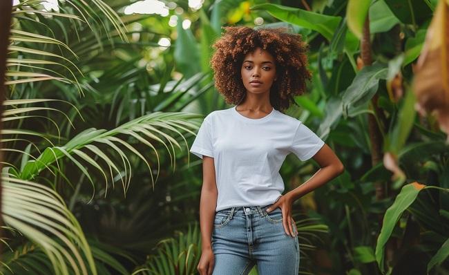 top-model féminin portant un t-shirt durable et posant dans la jungle