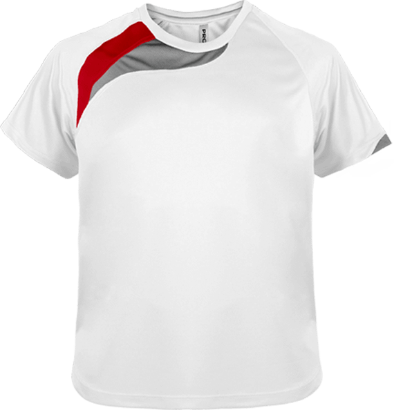 Customize Your Child's Sports T-Shirt With Tunetoo. Make All His Sports Activities Unique. White / Sporty Red / Storm Grey