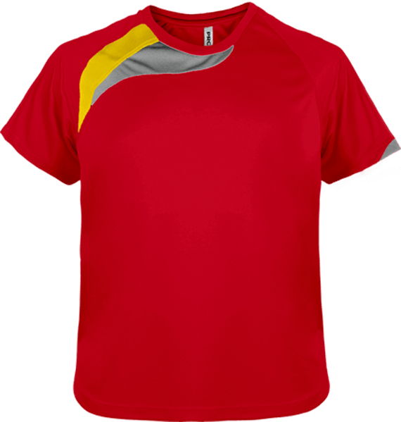 Customize Your Child's Sports T-Shirt With Tunetoo. Make All His Sports Activities Unique. Sporty Red / Sporty Yellow / Storm Grey