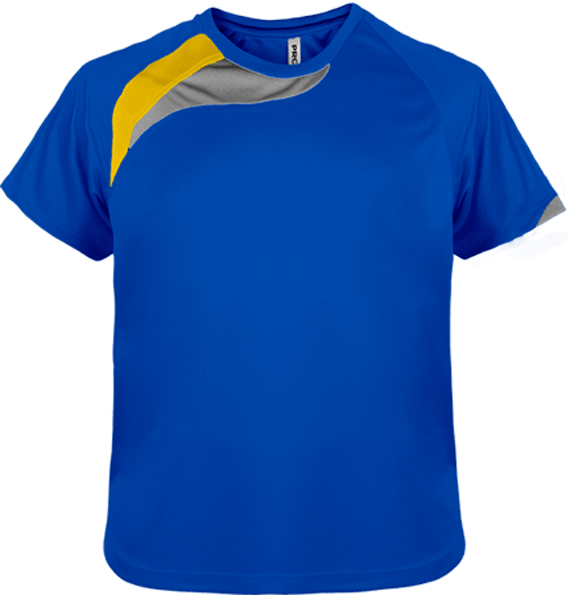 Customize Your Child's Sports T-Shirt With Tunetoo. Make All His Sports Activities Unique. Sporty Royal Blue / Sporty Yellow / Storm Grey