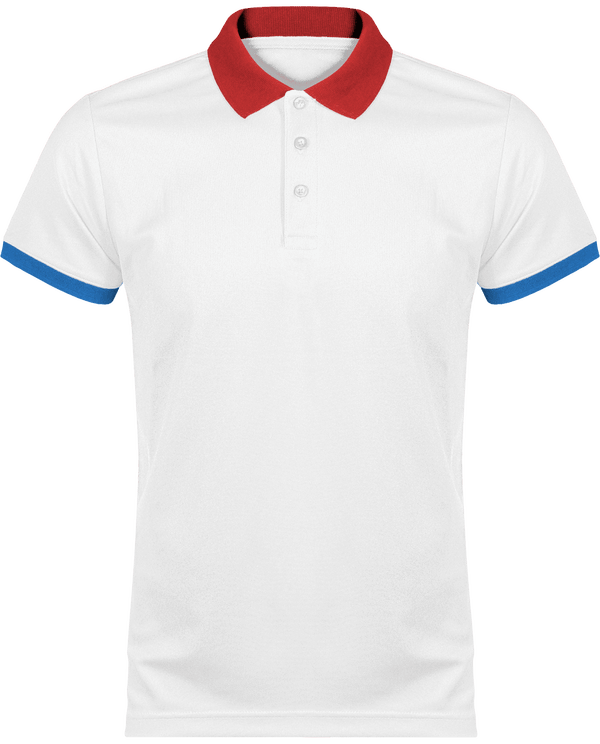 Polo pique performance homme face White / Red / Sporty Royal Blue