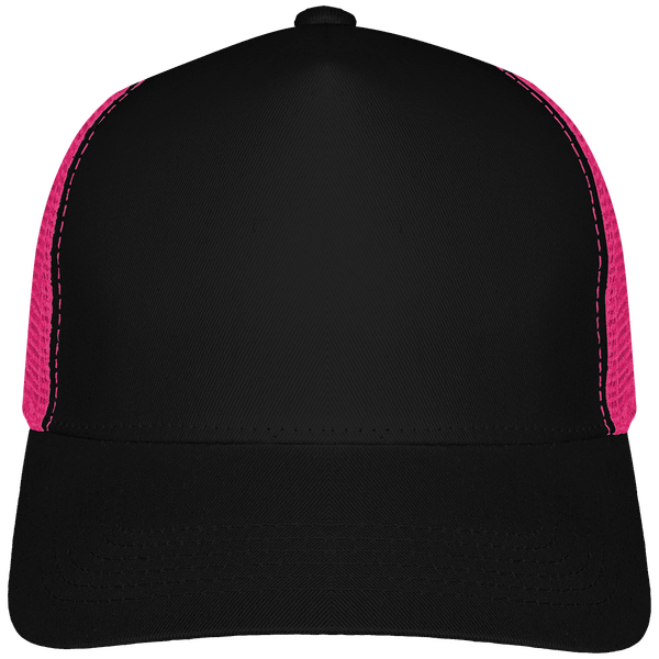 Customizable 6 Half Mesh Trucker Cap On Tunetoo Black / Fuchsia