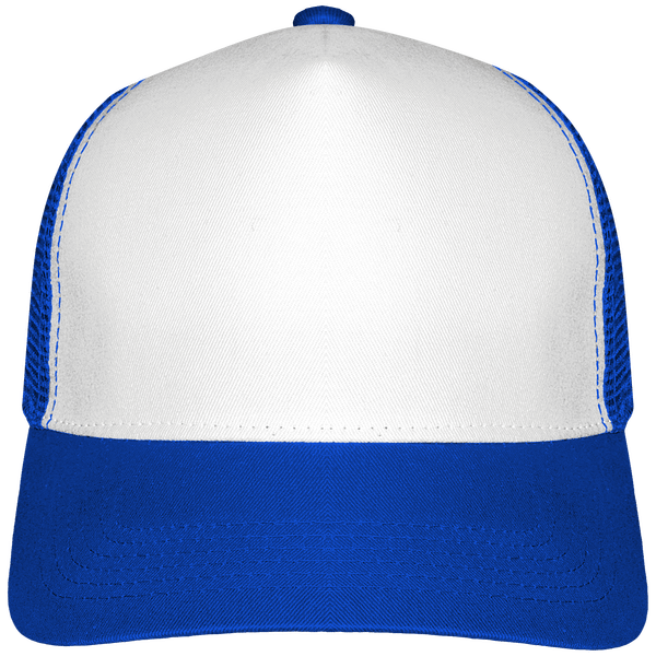 Customizable 6 Half Mesh Trucker Cap On Tunetoo Bright Royal / White