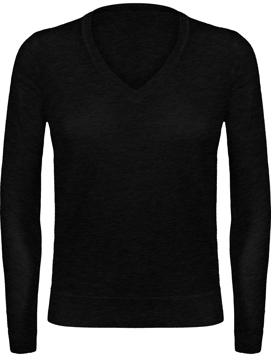 Pull Femme Col En V | Broderie De Qualité | 100% Laine Extra Fine Black Heather