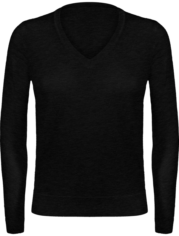 Pull Femme Col En V | Broderie De Qualité | 100% Laine Extra Fine Black Heather