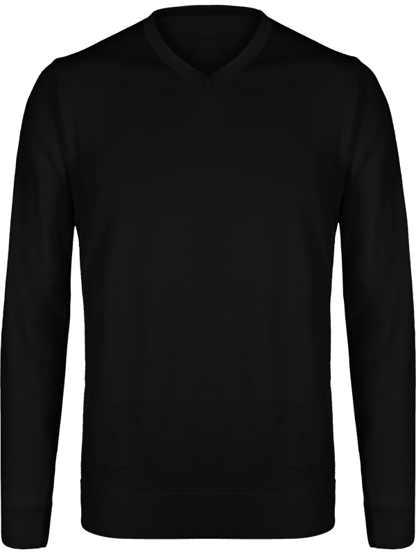 Pull Homme Col En V | Broderie De Qualité | 100% Laine Extra Fine Black