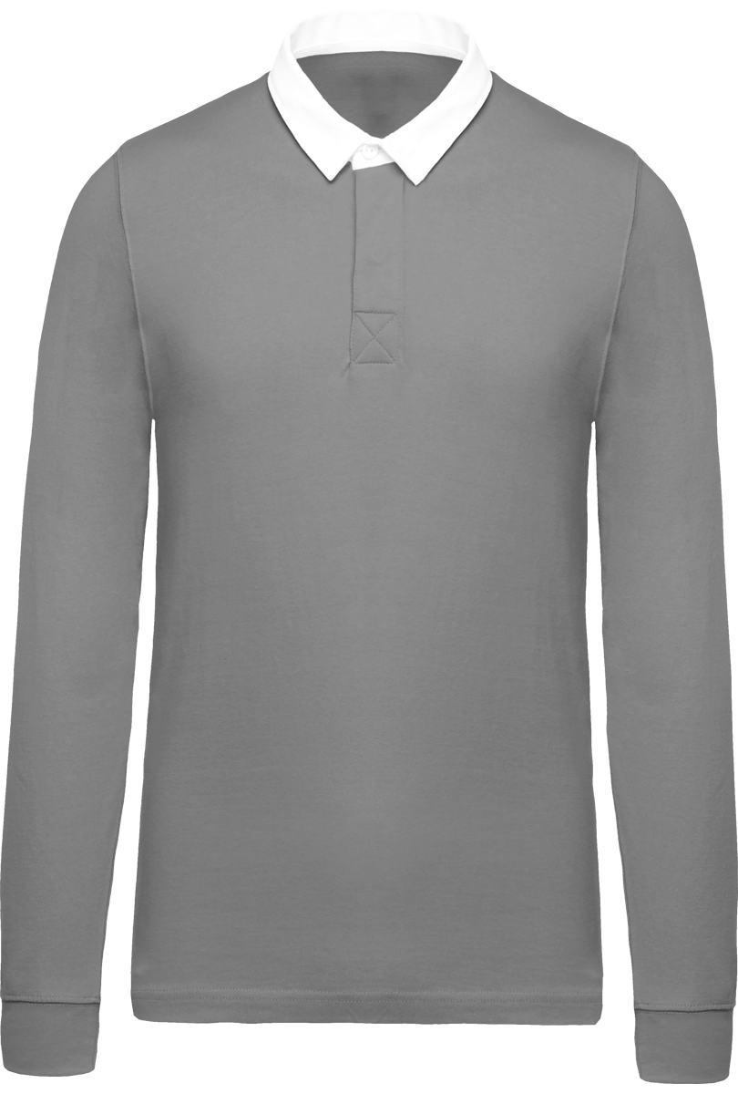 Long Sleeve Men's Rugby Polo Shirt Light Grey / White
