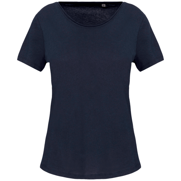 T-Shirt Bio Col À Bords Francs Manches Courtes Femme Personnalisable En Impression Et Broderie Navy