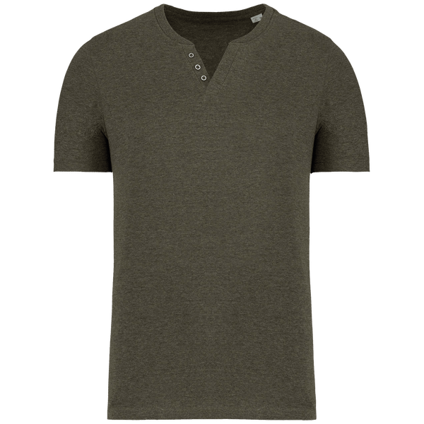 T-Shirt Col V À Boutons Bio | Coton Biologique Et Polyester Recyclé | Impression Et Broderie Organic Khaki Heather