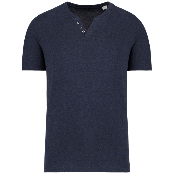 T-Shirt Col V À Boutons Bio | Coton Biologique Et Polyester Recyclé | Impression Et Broderie Navy Blue Heather