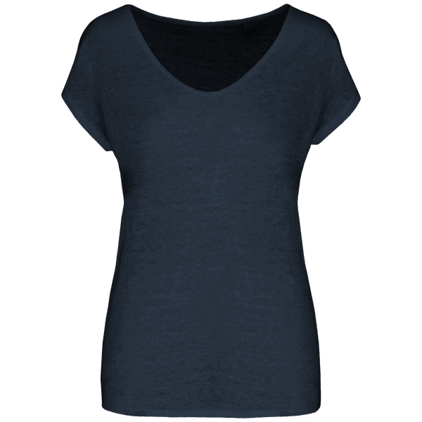 T-Shirt En Lin Col V Femme | 100% Lin | Impression Et Broderie Navy Blue