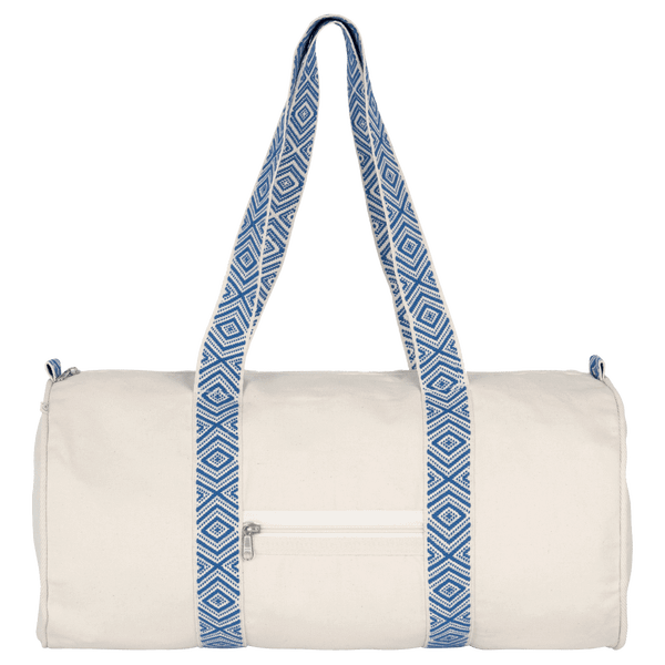 Sac polochon recycle avec ruban a motifs ethniques face Ecume / Ethnic Blue