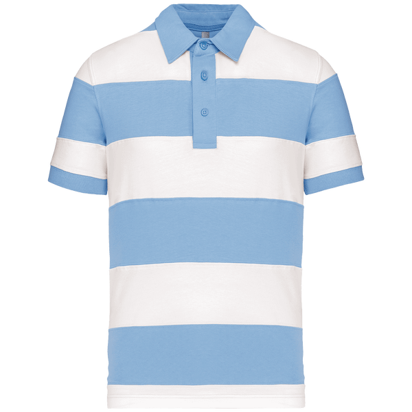 Polo rugby raye manches courtes face Sky Blue / White