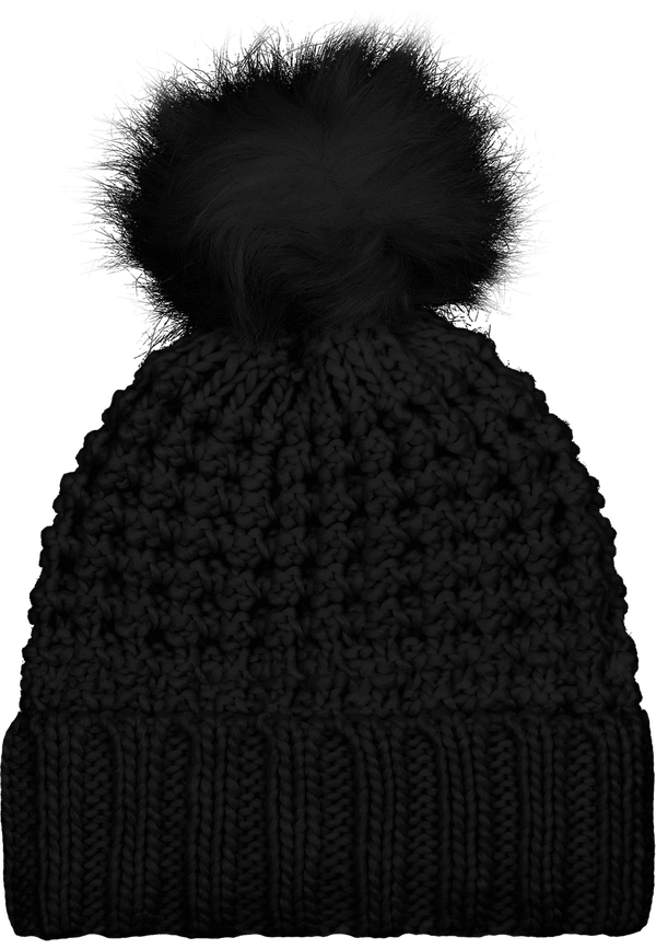 Bonnet popcorn a pompom en fourrure face Black