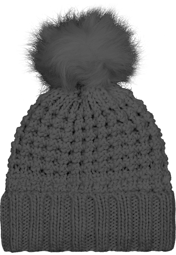 Bonnet popcorn a pompom en fourrure face Graphite Grey