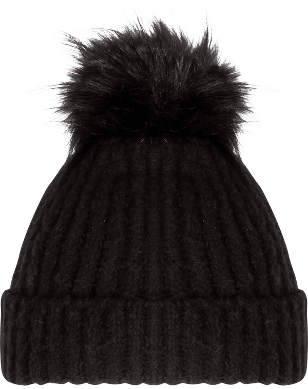 Bonnet À Pompon Style Fourrure - Broderie  Black