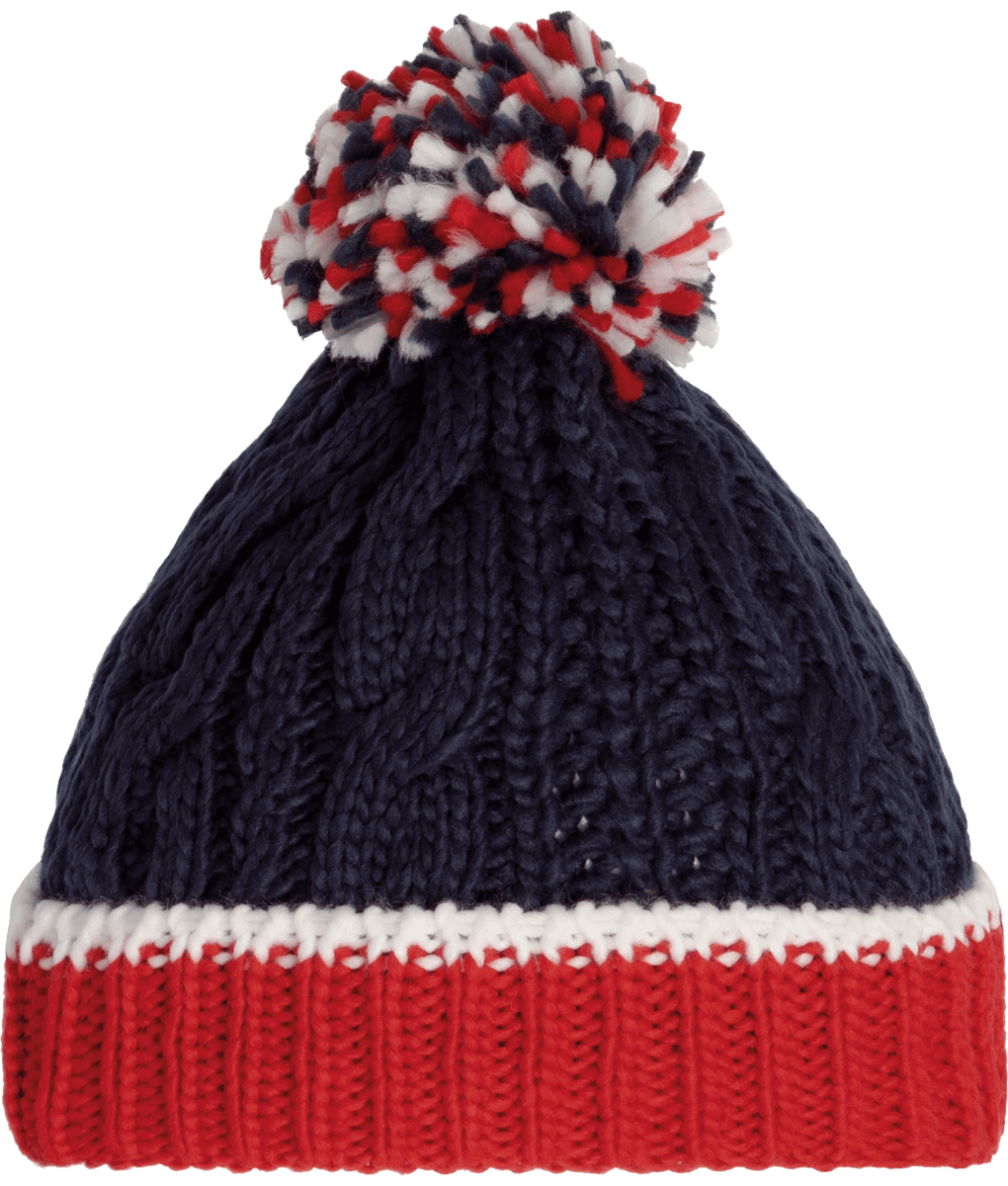 Bonnet Pompon En Maille Tricot - Broderie  Red / White / Navy