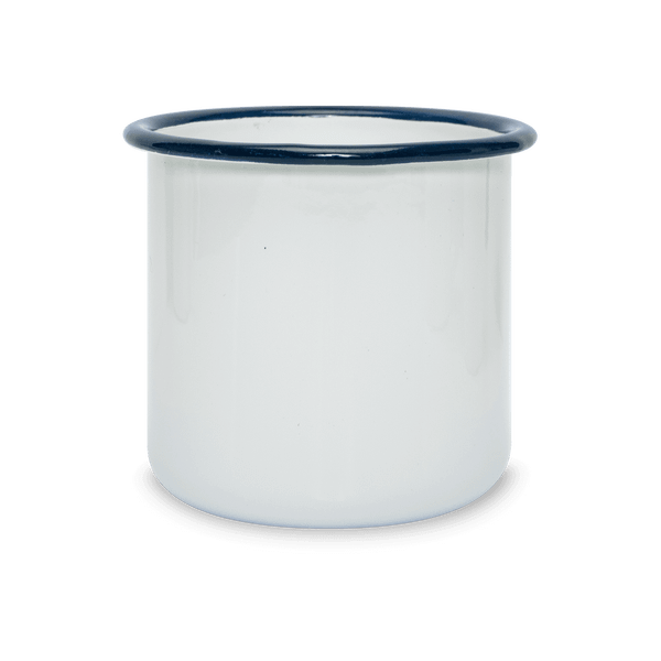Tasse emaillee blanche avec rebord colore 450ml face Bleu