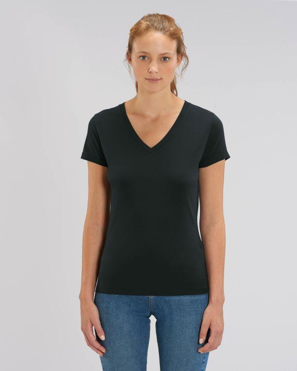 exemple de Tee Shirt Femme Col V Stella EVOKER couleur noir avec logo imprimé sur le plexus