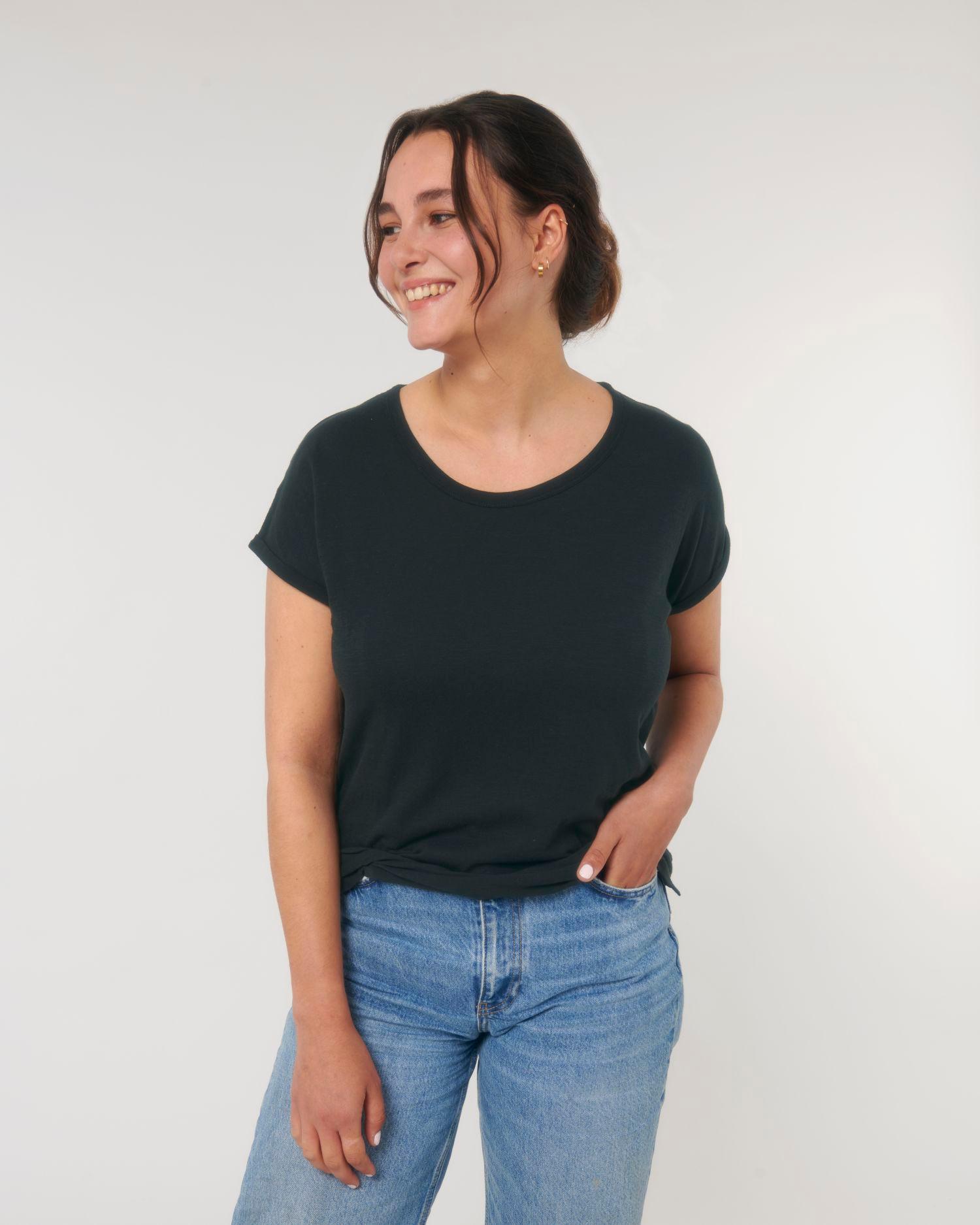 T-Shirt Manches Retroussées | Coton Bio Stella Rounder | Broderie Et Impression Black