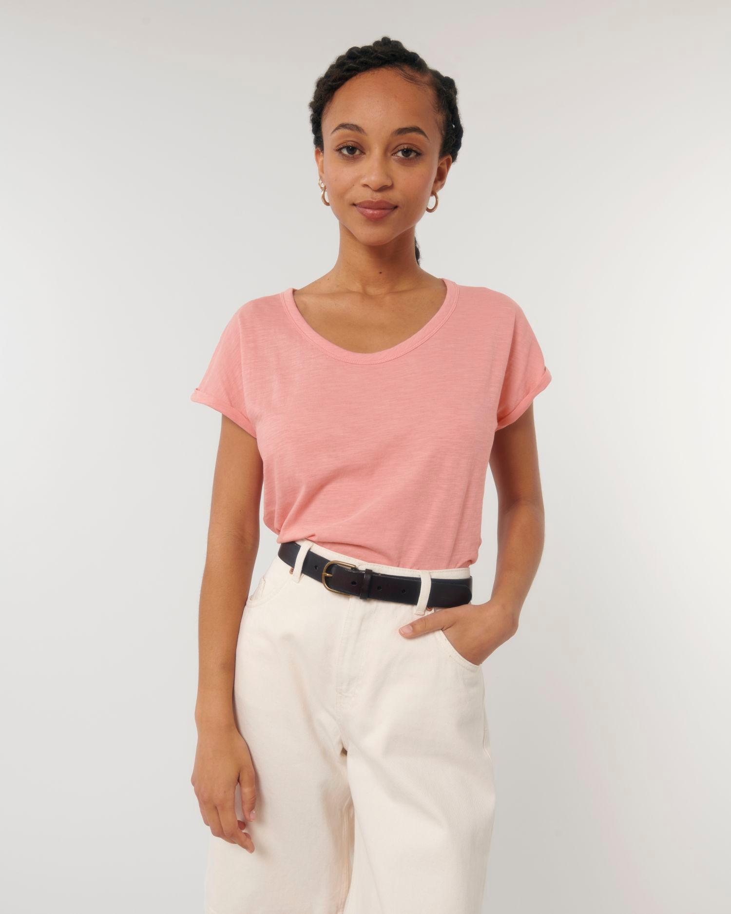 T-Shirt Manches Retroussées | Coton Bio Stella Rounder | Broderie Et Impression Canyon Pink