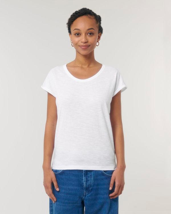 T-Shirt Manches Retroussées | Coton Bio Stella Rounder | Broderie Et Impression White