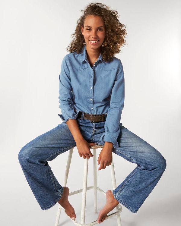 Customizable Women's Denim Shirt. Light Indigo Denim