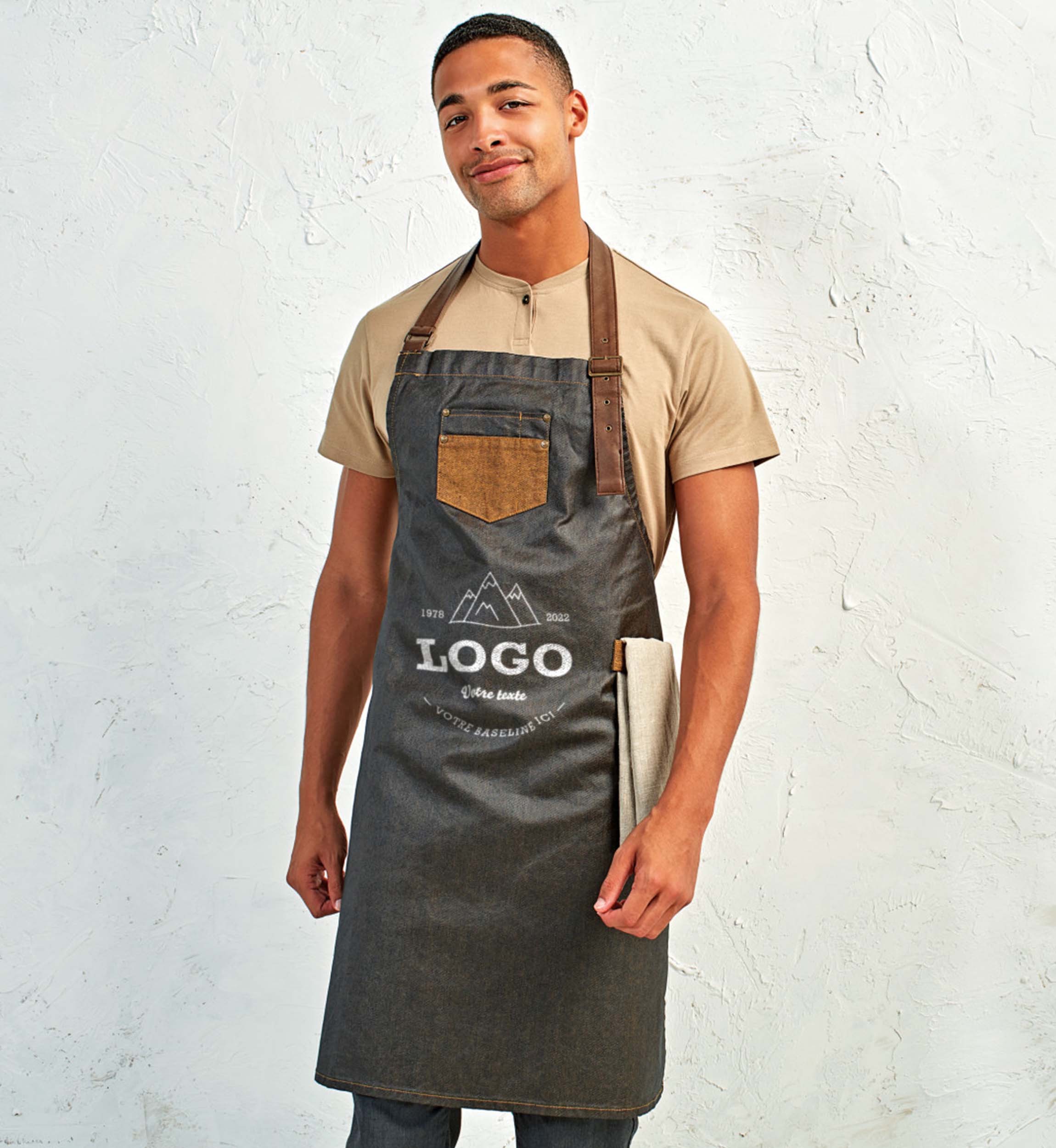 Denim bib Apron Division waxed-look with faux leather