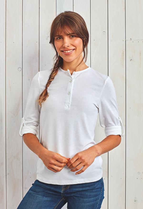 picto Damen-T-Shirt Mit Knopfleiste Und Umschlagbaren Ärmeln, Ultra-Trendig Zum Personalisieren Black