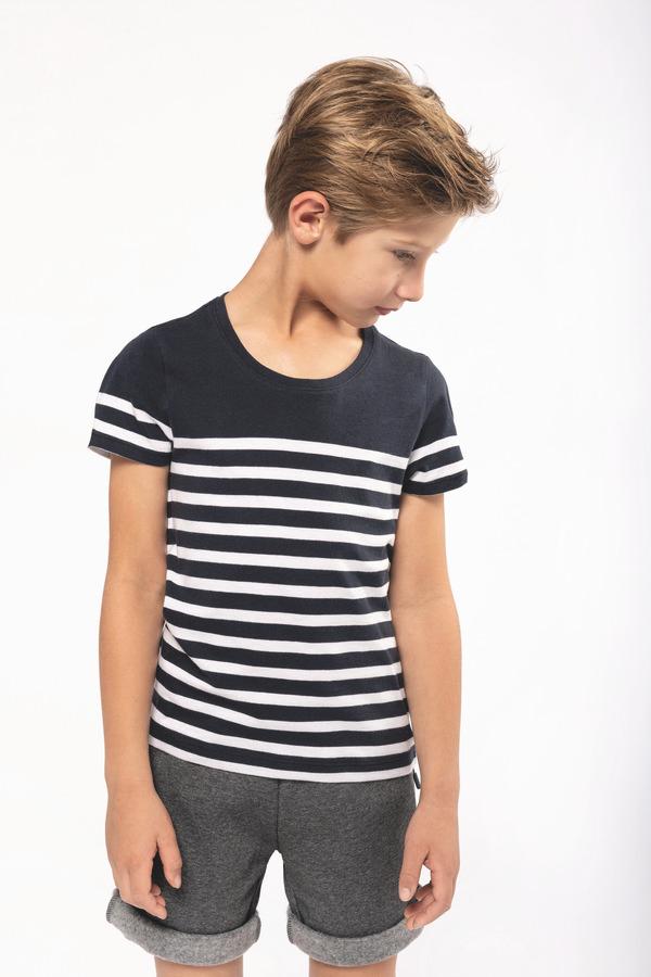 picto T-Shirt Marin Col Rond Bio Enfant | 100% Coton Bio | Impression Et Broderie White / Navy Stripes