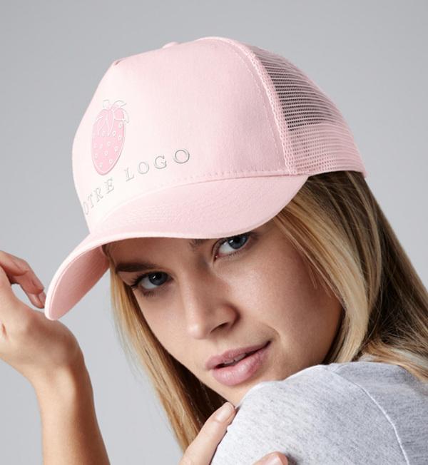 picto Personalisierbare 6-Panel-Trucker-Kappe Mit Halbem Netz Auf Tunetoo Black / Fuchsia