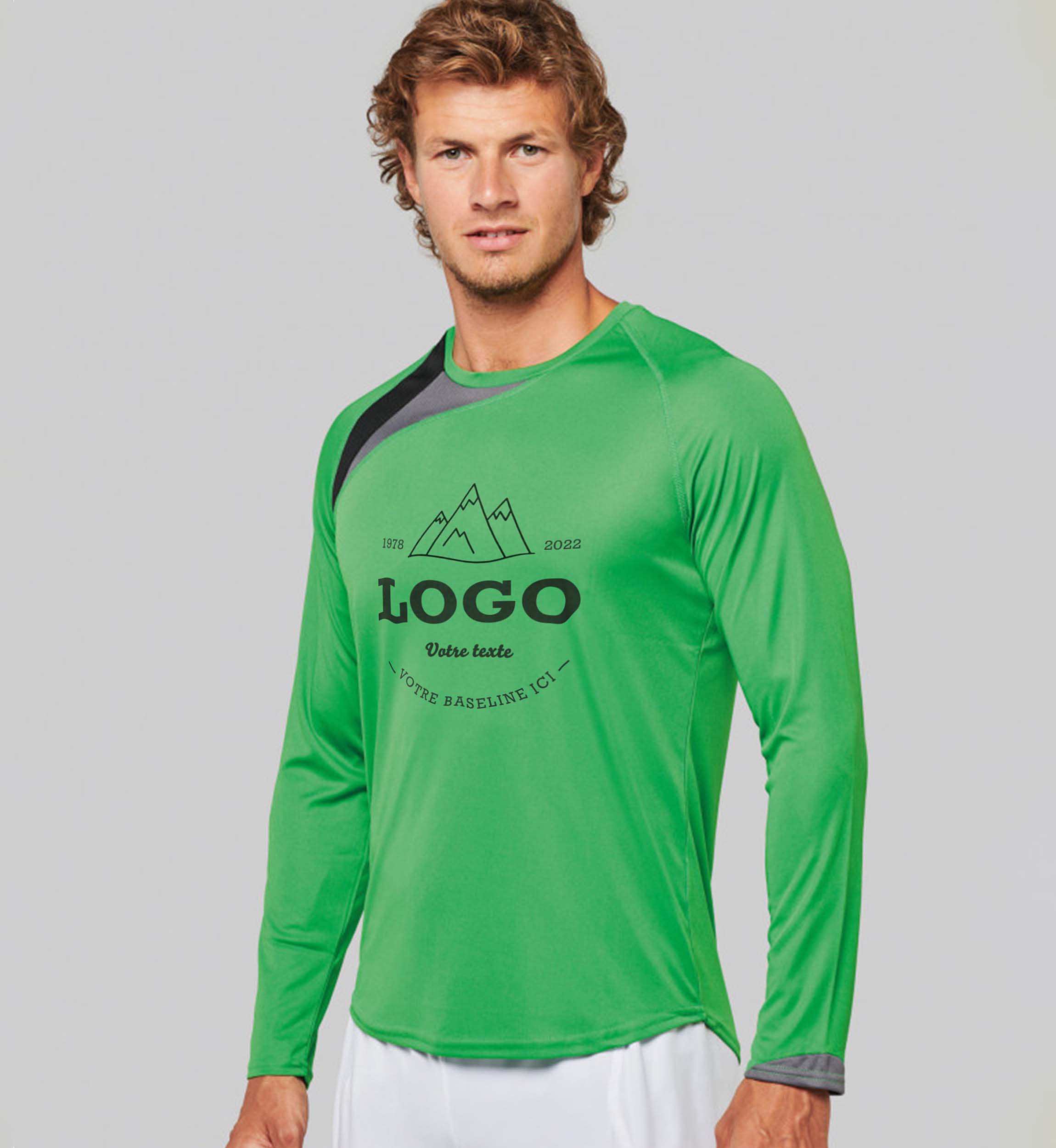 pictoTee Shirt Sport Manches Longues Tricolore Personnalisable Green / Black / Storm Grey