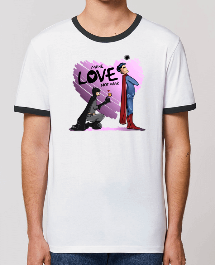 Unisex ringer t-shirt Ringer MAKE LOVE NOT WAR (BATMAN VS SUPERMAN) by teeshirt-design.com