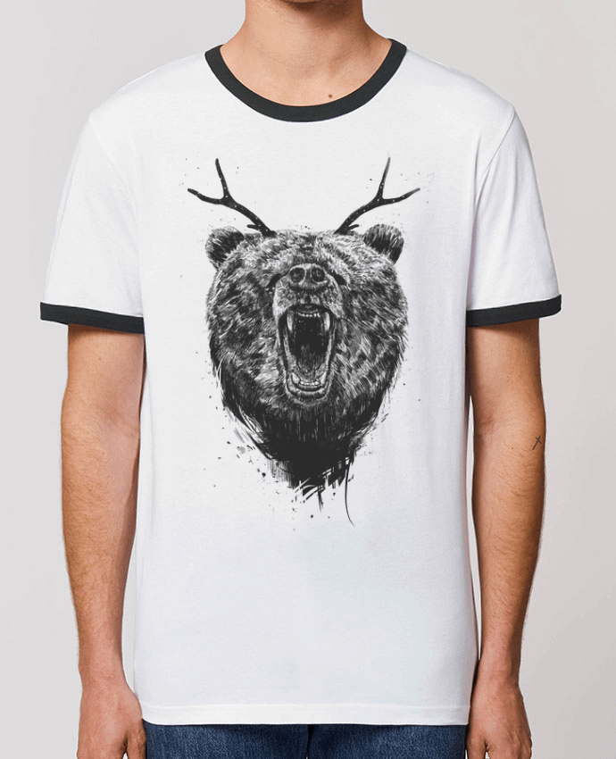 Unisex ringer t-shirt Ringer Angry bear with antlers by Balàzs Solti
