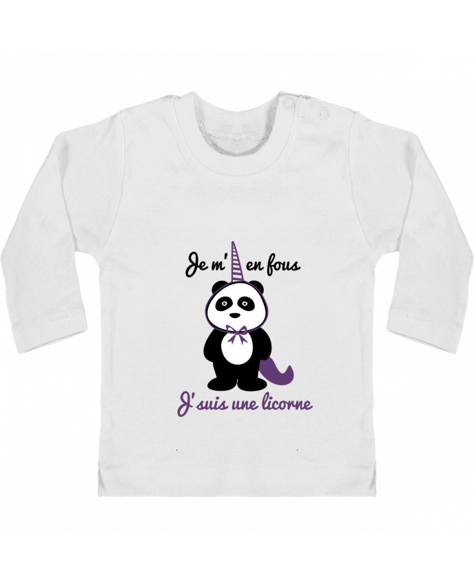 Baby T-shirt with press-studs long sleeve Je m'en fous j'suis une licorne, panda manches longues du designer Benichan